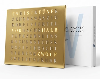 WordClock Jupiter laser-cut stainless steel in gold - designer word clock in German - modern LED wall clock