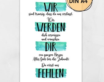 Op de afbeelding: Een turquoise en blauwe aquarelkaart met de tekst "WIR sind traurig, dass du uns verlässt. Wir WERDEN dich vermissen und wünschen DIR von ganzem Herzen Alles Gute für die Zukunft! Du wirst uns FEHLEN."
