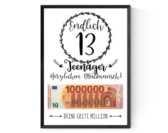 Geschenk zum 13.Geburtstag Teenager| Geldgeschenk | Poster| für Sohn | Tochter |