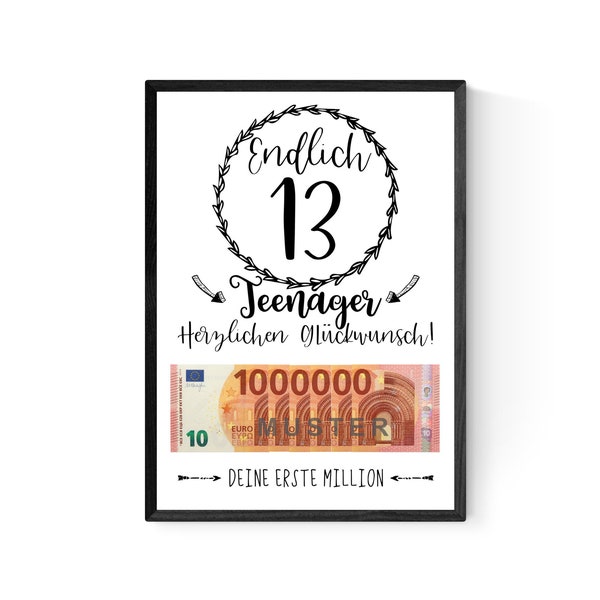 Geschenk zum 13.Geburtstag Teenager| Geldgeschenk | Poster| für Sohn | Tochter |