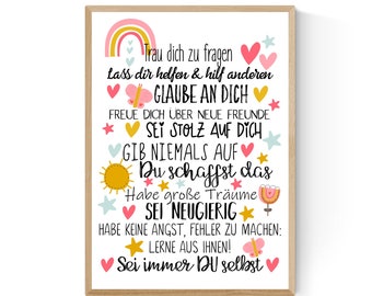 Geschenk zur Einschulung  Schulanfang Wünsche Mutmacher Poster Kinderzimmer Druck Poster