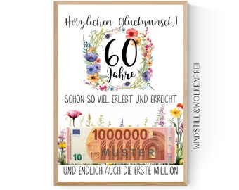 Geschenk zum 60.Geburtstag | Geldgeschenk | Poster| Sechzig | Sechzigster | Blumen Freundin Oma