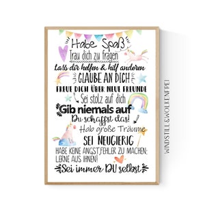 Geschenk zur Einschulung  Schulanfang Wünsche Mutmacher Poster Kinderzimmer Druck Einhorn Einschulungsgeschenk