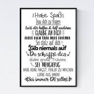 Geschenk zur Einschulung Schulanfang Wünsche Mutmacher Poster Kinderzimmer Druck schwarz weiß