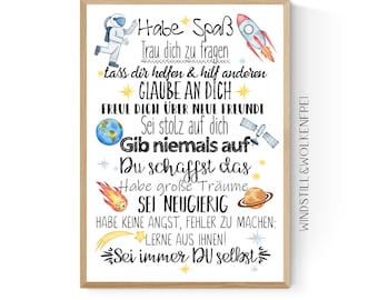 Geschenk zur Einschulung Schulanfang Wünsche Mutmacher Poster Kinderzimmer Druck Astronaut Weltall Jungen Jungs weiß