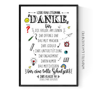 Personalisiertes Poster als Geschenk zum Abschied Lehrer –  Persönliches Dankeschön Lehrergeschenk mit Namen – Lehrer Abschiedsgeschenk