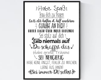 Geschenk zur Einschulung Schulanfang Wünsche Mutmacher Poster Kinderzimmer Druck schwarz weiß