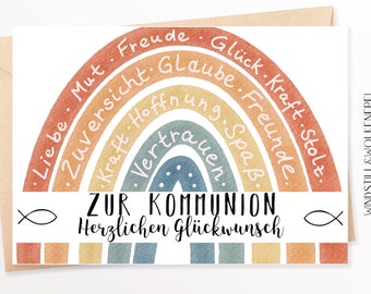 Communion card, First Communion card, congratulations card, rainbow