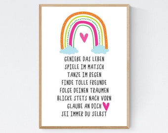 Geschenk zur Geburt Schulanfang Einschulung Wünsche Mutmacher Poster Kinderzimmer Druck Regenbogen pink