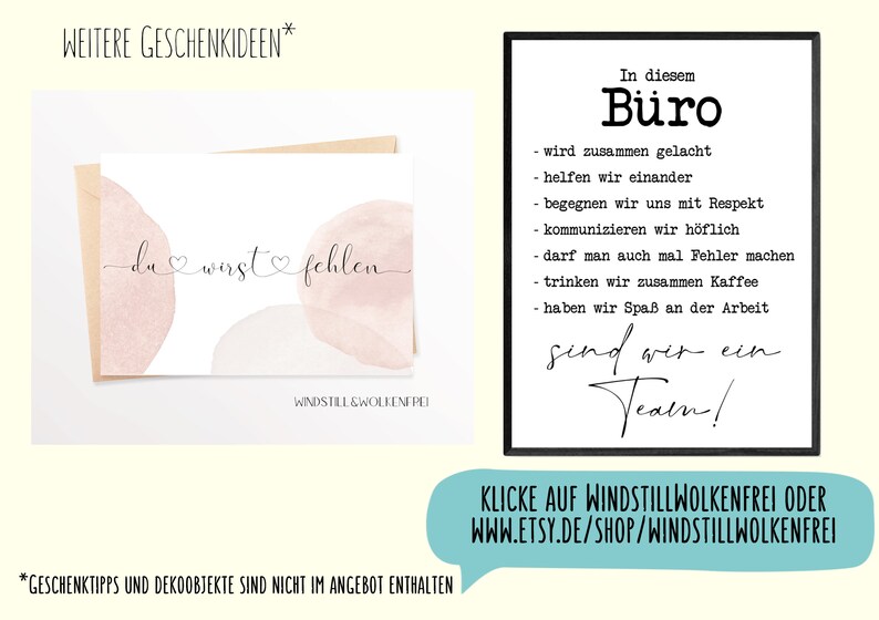 May include: A greeting card with the text "du wirst fehlen" in cursive, with watercolor-style pink and beige shapes. A framed sign with black text on a white background reads "In diesem B&uuml;ro" and lists office values. A teal banner with website information is at the bottom.