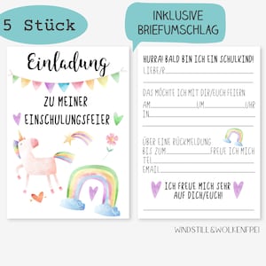 Einladung zur Einschulungsfeier Einladungskarten Einschulungsparty Einschulung Schulkind Einhorn Regenbogen Mädchen