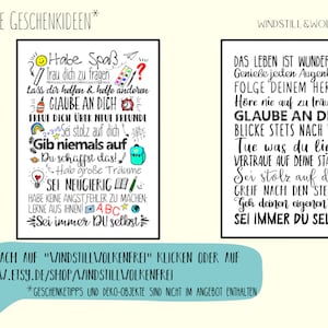 Peut inclure: Deux affiches imprimables en noir et blanc avec des citations inspirantes pour les enfants. La premi&egrave;re affiche dit "Amuse-toi, fais confiance &agrave; toi-m&ecirc;me pour poser des questions, laisse les autres t'aider et aide les autres, crois en toi, fais-toi de nouveaux amis, sois fier de toi, n'abandonne jamais, tu peux le faire, fais de grands r&ecirc;ves, sois curieux, n'aie pas peur de faire des erreurs, apprends d'elles, sois toi-m&ecirc;me". La deuxi&egrave;me affiche dit "La vie est merveilleuse, savoure chaque instant, suis ton c&oelig;ur, n'arr&ecirc;te jamais de r&ecirc;ver, crois en toi, regarde toujours devant, fais ce que tu aimes, fais confiance &agrave; tes forces, sois fier de toi, atteins les &eacute;toiles, suis ton propre chemin, sois toujours toi-m&ecirc;me".