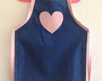 Children's apron, children's cooking apron, baking apron, blue apron with heart