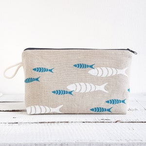 Sacchetto cosmetico pesce, borsa da toilette stampata a mano in 100% lino