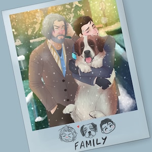 May include: A digital illustration of a polaroid photo featuring two people and a large dog in a snowy outdoor scene. The photo has the word "FAMILY" written on it, along with small sketches of the people and dog.