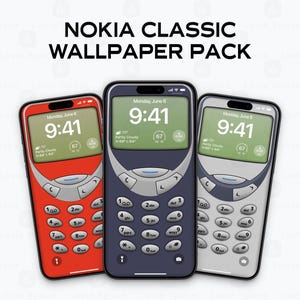 May include: Three smartphones with a Nokia 3310 design, each displaying a digital clock and weather information. The phones are in red, navy blue, and silver, with the text "NOKIA CLASSIC WALLPAPER PACK" at the top.