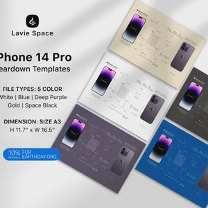 Op de afbeelding: Vijf iPhone 14 Pro teardown-sjablonen in wit, blauw, dieppaars, goud en space black. Elke sjabloon bevat een iPhone-afbeelding en technische diagrammen. Afmetingen: A3, 29,7 cm x 42 cm. Het Lavie Space-logo is zichtbaar.
