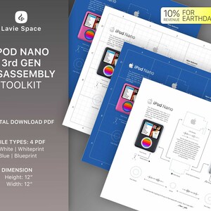 May include: A digital download PDF toolkit for disassembling the 3rd generation iPod Nano. The toolkit includes four PDF files: white, whiteprint, blue, and blueprint. Each file is 12 inches by 12 inches. The image shows a diagram of the iPod Nano with its components labeled.