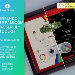 May include: A digital download PDF toolkit for disassembling a Super Famicom console. The toolkit includes nine PDF files in blue, white, and beige colour schemes. The image shows a blueprint of the console with a close-up of the controller. The toolkit is 12.4 inches in height and width.