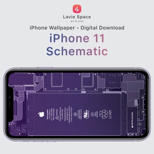 May include: Digital iPhone 11 schematic wallpaper. The image shows a detailed purple and white diagram of the phone's internal components, including the battery and Taptic Engine. The text "iPhone 11 Schematic" is displayed on the screen.