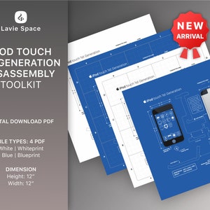 Könnte beinhalten: Ein digital herunterladbares PDF-Toolkit zum Zerlegen des iPod Touch der 1. Generation. Das Toolkit enthält vier PDF-Dateien: weiß, weißer Druck, blau und blauer Druck. Jede Datei ist 30,48 cm hoch und breit.