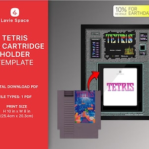 May include: Printable template for a Tetris NES cartridge holder. The template is 10 inches tall and 8 inches wide. The template features a black and white image of the Tetris game.
