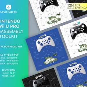 May include: A digital download PDF toolkit for disassembling a Nintendo Wii U Pro controller. The toolkit includes six different PDF files: blue, white, and black blueprints. The image shows a close-up of the controller with a blue background and the text "Wii U" on the controller. The image also includes the text "10% for revenue EARTHDAY.ORG".