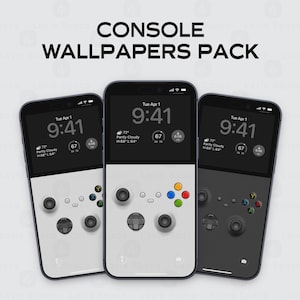 May include: Three smartphones displaying console-themed wallpapers. Each phone shows a different controller design, with the text "CONSOLE WALLPAPERS PACK" at the top. The screens display the time, weather, and temperature.