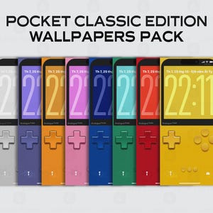 May include: A collection of phone wallpapers in a retro gaming console design. Each wallpaper features a different color scheme, with a large "22" and the date and time displayed. The text "POCKET CLASSIC EDITION WALLPAPERS PACK" is at the top.