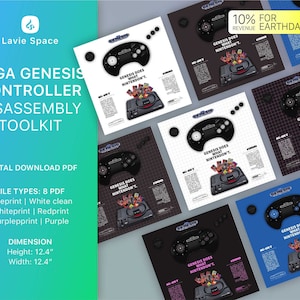 May include: A digital download PDF toolkit for disassembling a Sega Genesis controller. The toolkit includes 8 different PDF files, including a blueprint, white clean, whiteprint, redprint, purplepprint, and purple. The PDF files are 12.4 inches in height and width. The image shows a collage of 6 different versions of the Sega Genesis controller, each with a different colour background.