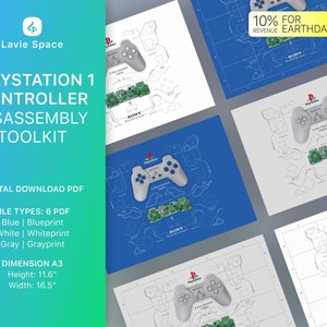 Puede incluir: Un kit de herramientas PDF descargable digitalmente para desmontar un mando de PlayStation 1. El kit incluye seis archivos PDF diferentes: azul, plano, blanco, blanco impreso, gris y gris impreso. Los archivos PDF están diseñados para imprimirse en papel A3, que mide 29,7 cm de alto y 42 cm de ancho. El 10% de los ingresos de este producto se donará a Earth Day.org.