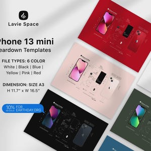 Puede incluir: Vista cenital de seis plantillas A3 para desmontaje de iPhone 13 mini en blanco, negro, azul, amarillo, rosa y rojo. Cada plantilla presenta una ilustración de iPhone y diagramas de componentes. Las dimensiones son 29,7 cm x 41,9 cm.