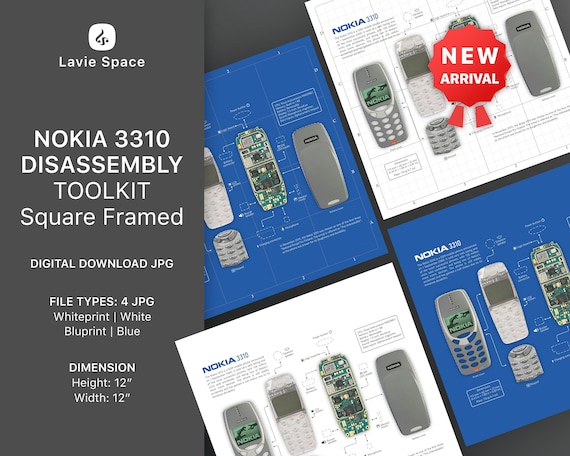 Nokia 3310 Teardown Blueprint Poster, Retro Cellphone Art (digital