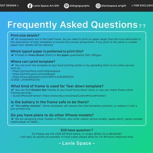 Może przedstawiać: Zielono-niebieska grafika z tekstem "Frequently Asked Questions??" i listą pytań i odpowiedzi dotyczących drukowania szablon&oacute;w do etui na telefon. Pytania obejmują: "Print size details?", "Which type of paper is preferred to print this?", "Where can I print template?", "What kind of frame is used for Tear down template?", "Is the battery in the frame safe to be there?", oraz "Do you have plans to do other iPhone models?"