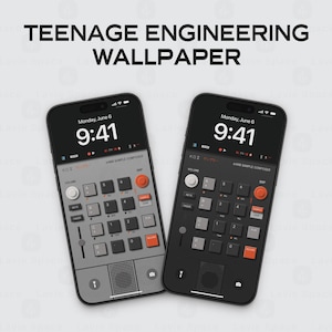 May include: Two smartphones with a music production interface on display. The screens show the time as 9:41 and the date. The phones have a grey and black colour scheme with orange accents. The text "TEENAGE ENGINEERING WALLPAPER" is at the top.