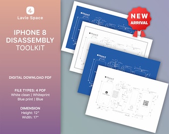 Plantilla de desmontaje de iPhone 8, póster tecnológico imprimible, arte de desmontaje de smartphone, PDF digital