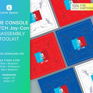 Op de afbeelding: Een digitale download toolkit voor het demonteren van een Nintendo Switch Joy-Con controller. De toolkit bevat zes PDF-bestanden in blauw, wit en rood, elk met een ander blauwdruk ontwerp. De bestanden zijn 30,48 cm bij 30,48 cm.