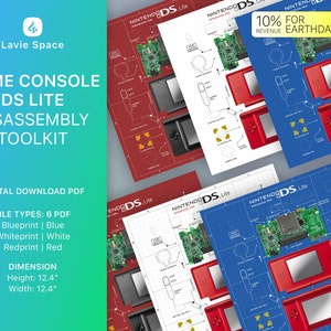 May include: A digital download PDF toolkit for disassembling a Nintendo DS Lite games console. The toolkit includes six different PDF files: blueprint, whiteprint, and redprint, each in blue, white, and red. The PDF files are 12.4 inches wide and 12.4 inches tall.