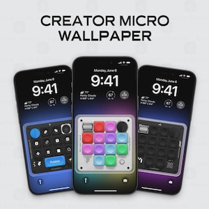 May include: Three smartphones displaying custom wallpapers. The screens show a time of 9:41, weather details, and various interface designs, including a keyboard, a puzzle, and a button layout. The text "CREATOR MICRO WALLPAPER" is at the top.