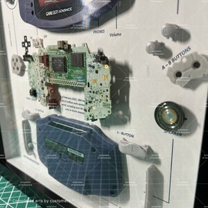 Może przedstawiać: Zbliżenie na rozebraną konsolę Game Boy Advance. Widoczna jest płyta gł&oacute;wna, głośnik, przyciski i inne komponenty. Konsola jest wyświetlana na białym tle z tekstem "Completed arts by customers".