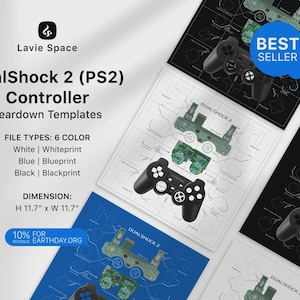 May include: A selection of DualShock 2 (PS2) controller teardown templates in white, blue, and black. Each template measures 29.7 cm by 29.7 cm. The image features the text "BEST SELLER" and "10% FOR REVENUE EARTHDAY.ORG."