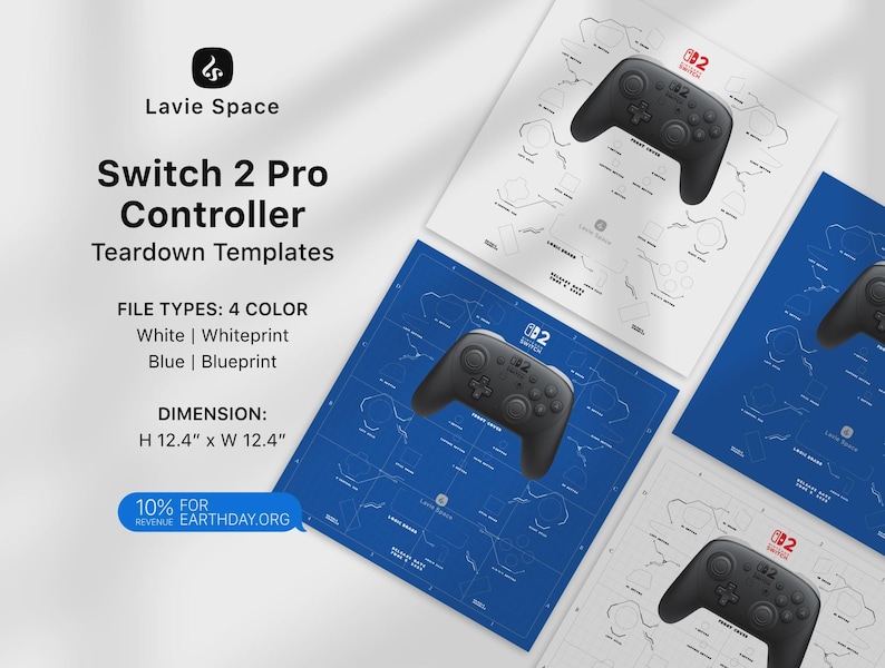 May include: Four templates of a Switch 2 Pro controller in white and blue, with a black controller graphic. The templates are 12.4 inches high and 12.4 inches wide. The text reads "Switch 2 Pro Controller Teardown Templates."