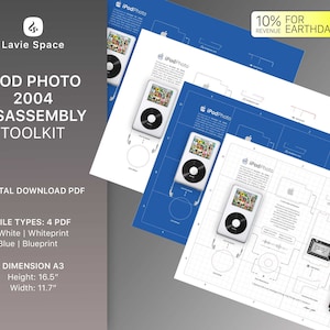 May include: A digital download PDF toolkit for disassembling an iPod Photo from 2004. The toolkit includes four PDF files: white, whiteprint, blue, and blueprint. The PDF files are A3 size, measuring 16.5 inches in height and 11.7 inches in width.