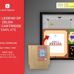 May include: A printable template for a The Legend of Zelda NES cartridge. The template is 10 inches tall and 8 inches wide. The template features a brown and gold NES cartridge with the game title "The Legend of Zelda" and a shield logo. The template also includes a black frame with a map of the game's world inside.