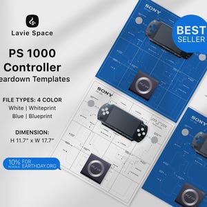 Może przedstawiać: Cyfrowa makieta produktu z szablonami demontażu kontrolera PS1000. Projekt zawiera plany w kolorze białym i niebieskim, o wymiarach 29,7 cm x 44,9 cm. Obraz zawiera również tekst "Best Seller" i "10% for revenue Earthday.org".