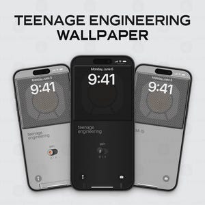 Puede incluir: Tres smartphones que muestran un diseño de fondo de pantalla. Las pantallas muestran la hora 9:41, con el texto "TEENAGE ENGINEERING WALLPAPER" en la parte superior. Los teléfonos tienen una combinación de colores gris y negro, con un gráfico similar a un altavoz.
