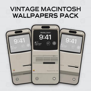 May include: Three smartphones displaying a vintage Macintosh computer design. The screens show the time as 9:41 and weather information. The text "VINTAGE MACINTOSH WALLPAPERS PACK" is at the top. The phone cases are beige with a retro computer aesthetic.