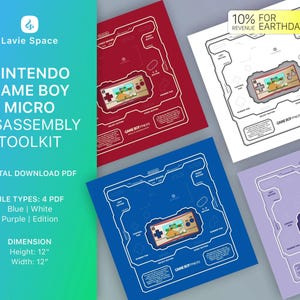 Könnte beinhalten: Ein digitales Download-Toolkit zum Zerlegen eines Nintendo Game Boy Micro. Das Toolkit enthält vier PDF-Dateien in Blau, Weiß und Lila, jede mit einem detaillierten Diagramm des Geräts. Die Abmessungen des Toolkits betragen 30,5 cm x 30,5 cm.