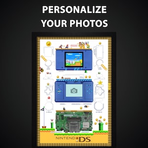 May include: A blue and white Nintendo DS console with a customizable design featuring characters from the Super Mario Bros. video game series. The design includes Mario, Luigi, Peach, Toad, and Bowser. The console is surrounded by a white background with a black border. The text "PERSONALIZE YOUR PHOTOS" is at the top of the image.