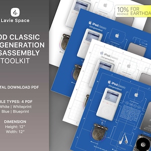 May include: A digital download PDF toolkit for disassembling an iPod Classic 3rd generation. The toolkit includes four PDF files: white, whiteprint, blue, and blueprint. The PDF files are 12 inches in height and 12 inches in width.